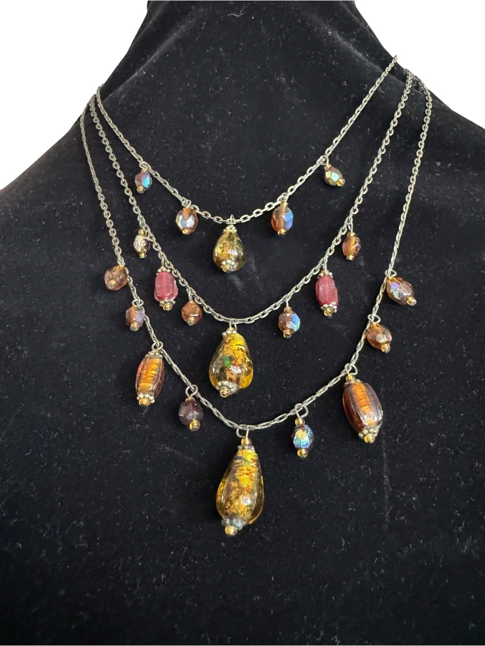 Multi-Layered Gold Tone Necklace with Iridescent Amber and Pink‎ Glass Drops